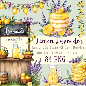Könnte beinhalten: Aquarell-Illustration eines Lemon Lavender Lemonade Stand Clipart Bundles. Das Bild zeigt Zitronen, Lavendel, einen Kuchen und eine Tafel mit dem Wort "Lemonade". Enthält 84 PNG-Dateien für den kommerziellen Gebrauch.