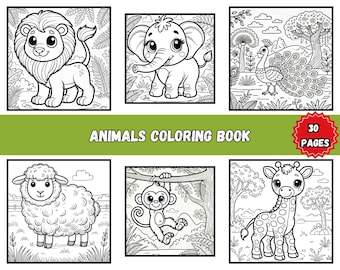 Könnte beinhalten: Ein Malbuch mit Tieren, das 30 Seiten mit schwarz-weißen Strichzeichnungen enthält. Das Cover zeigt sechs verschiedene Tierfiguren, darunter einen Löwen, einen Elefanten, einen Pfau, ein Schaf, einen Affen und eine Giraffe in natürlicher Umgebung.