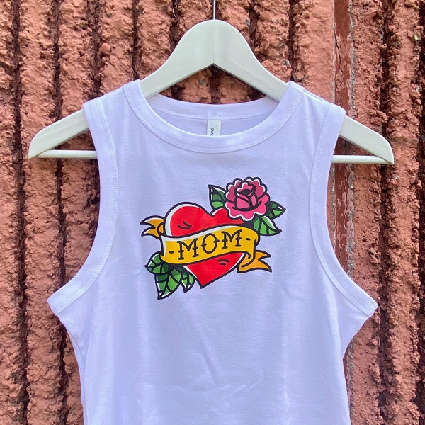 Old School Neo Traditional Style MOM Tattoo Cropped Muscle Tank