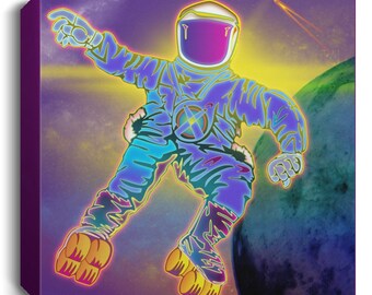 May include: A neon-colored astronaut wearing a spacesuit and roller skates floats in space. The astronaut is outlined in yellow and has a purple helmet. The background is a dark purple with a green planet and a yellow comet.