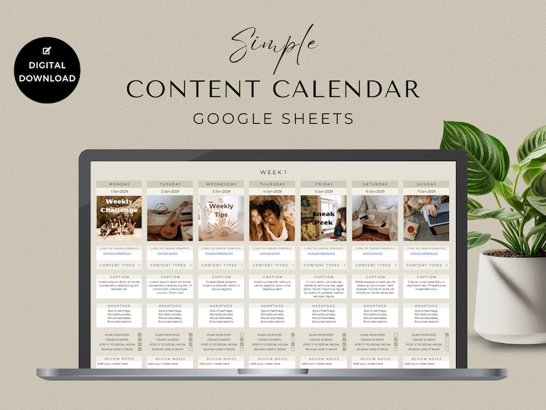 Social Media Content Calendar, Social Media Monthly Content Planner, Google Sheet Spreadsheets, Instagram, Youtube, TikTok, Facebook, Beige image 2