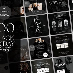 Puede incluir: Un collage de 100 publicaciones de redes sociales en blanco y negro para las ventas del Black Friday. Las publicaciones presentan texto, imágenes y gráficos con una estética minimalista. El texto incluye frases como "Black Friday Sale", "Oferta de firma", "Ahorra 50%" y "Carrito abierto ahora".