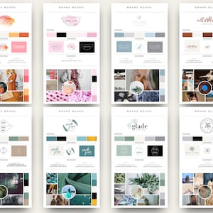 May include: A collection of eight brand boards with different logos, color palettes, and mood boards. The logos include "Harley", "MELON", "Little Bird", "villatelque", "Mountain", "Simple Joys", "glade", and "Wild & Free".