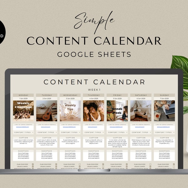 Social Media Content Calendar, Social Media Monthly Content Planner, Google Sheet Spreadsheets, Instagram, Youtube, TikTok, Facebook, Beige