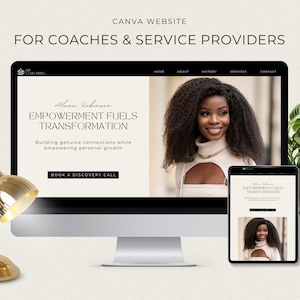 Może przedstawiać: Makieta ekranu komputera pokazująca stronę internetową dla coachów i dostawców usług. Strona internetowa zawiera zdjęcie kobiety z tekstem "Alana Robinson EMPOWERMENT FUELS TRANSFORMATION Building genuine connections while empowering personal growth BOOK A DISCOVERY CALL". Strona internetowa ma również pasek menu z następującymi opcjami: STRONA GŁÓWNA, O NAS, HISTORIA, USŁUGI, KONTAKT.