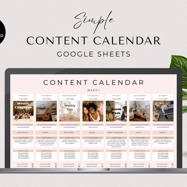 Social Media Content Calendar, Social Media Monthly Content Planner, Google Sheet Spreadsheets, Instagram, Youtube, TikTok, Facebook
