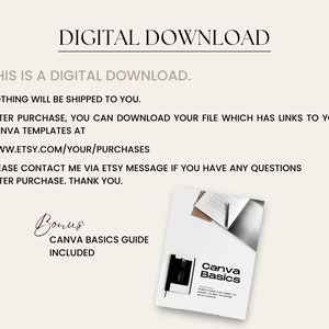 May include: Digital download of Canva templates. The image shows a text document with the title "Canva Basics Guide" and the text "DIGITAL DOWNLOAD" at the top of the page.