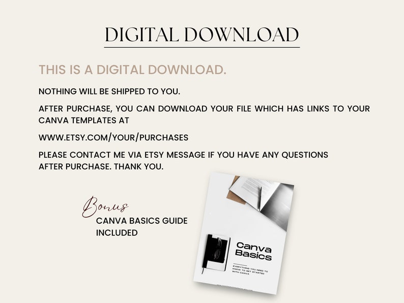 May include: Digital download of Canva templates. The image shows a text document with the title "Canva Basics Guide" and the text "DIGITAL DOWNLOAD" at the top of the page.