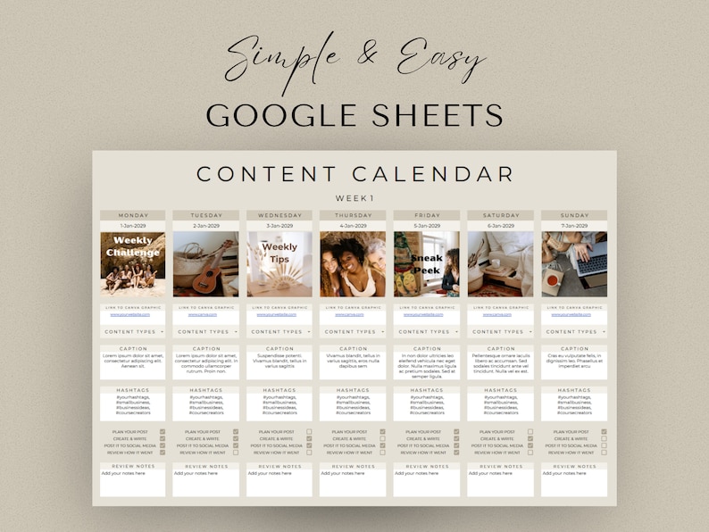 Calendario dei contenuti dei social media, Pianificazione dei contenuti mensili dei social media, Fogli di calcolo di Google, Instagram, Youtube, TikTok, Facebook, Beige immagine 4