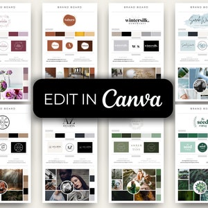 May include: A collection of eight brand boards, each featuring a different logo, color palette, and mood board. The logos include "rosie", "Auburn", "wintersilk", "Sarah Weaver", "Cozy Thyme", "AZ AMAZINA", "Amber Tide", and "The Seed Company".