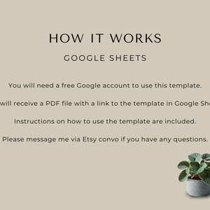 May include: Text explaining how to use a Google Sheets template. The text says you will need a free Google account to use the template. You will receive a PDF file with a link to the template in Google Sheets. Instructions on how to use the template are included. Please message me via Etsy convo if you have any questions.