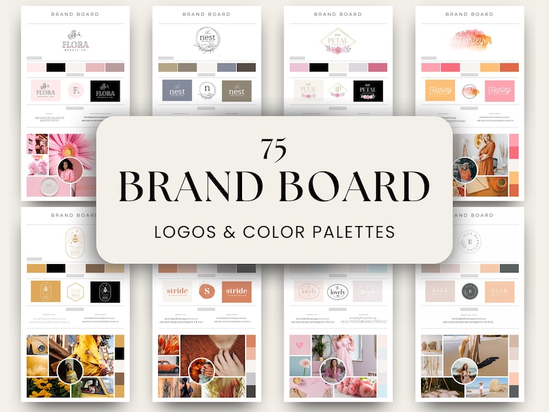 May include: A collection of 75 brand boards with logos and color palettes. The boards feature a variety of designs, including floral, geometric, and abstract patterns. The color palettes are all neutral and calming, with shades of pink, beige, and brown.