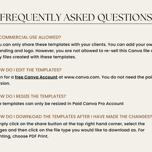 May include: Frequently Asked Questions about Canva templates.  Information about commercial use, editing, resizing, and downloading templates.