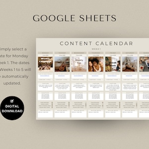 May include: A Google Sheets template for a content calendar. The template is designed for a week, with columns for each day of the week. Each column has sections for content type, caption, hashtags, and design notes. The template includes images of social media posts with the text "Weekly Challenge", "Weekly Tips", "Break Week", and "Live Q&A Session".