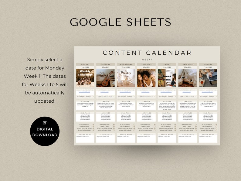 May include: A Google Sheets template for a content calendar. The template is designed for a week, with columns for each day of the week. Each column has sections for content type, caption, hashtags, and design notes. The template includes images of social media posts with the text "Weekly Challenge", "Weekly Tips", "Break Week", and "Live Q&A Session".
