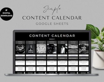 Social Media Content Calendar, Social Media Monthly Content Planner, Google Sheet Spreadsheets, Instagram, Youtube, TikTok, Facebook, Black