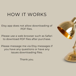 May include: Text explaining how to download PDF files from Etsy. The text says that the Etsy app does not allow downloading PDF files, but you can download them using a web browser such as Safari. It also says to message the seller via Etsy messages if you have any questions or issues downloading files. The text ends with "Thank you."