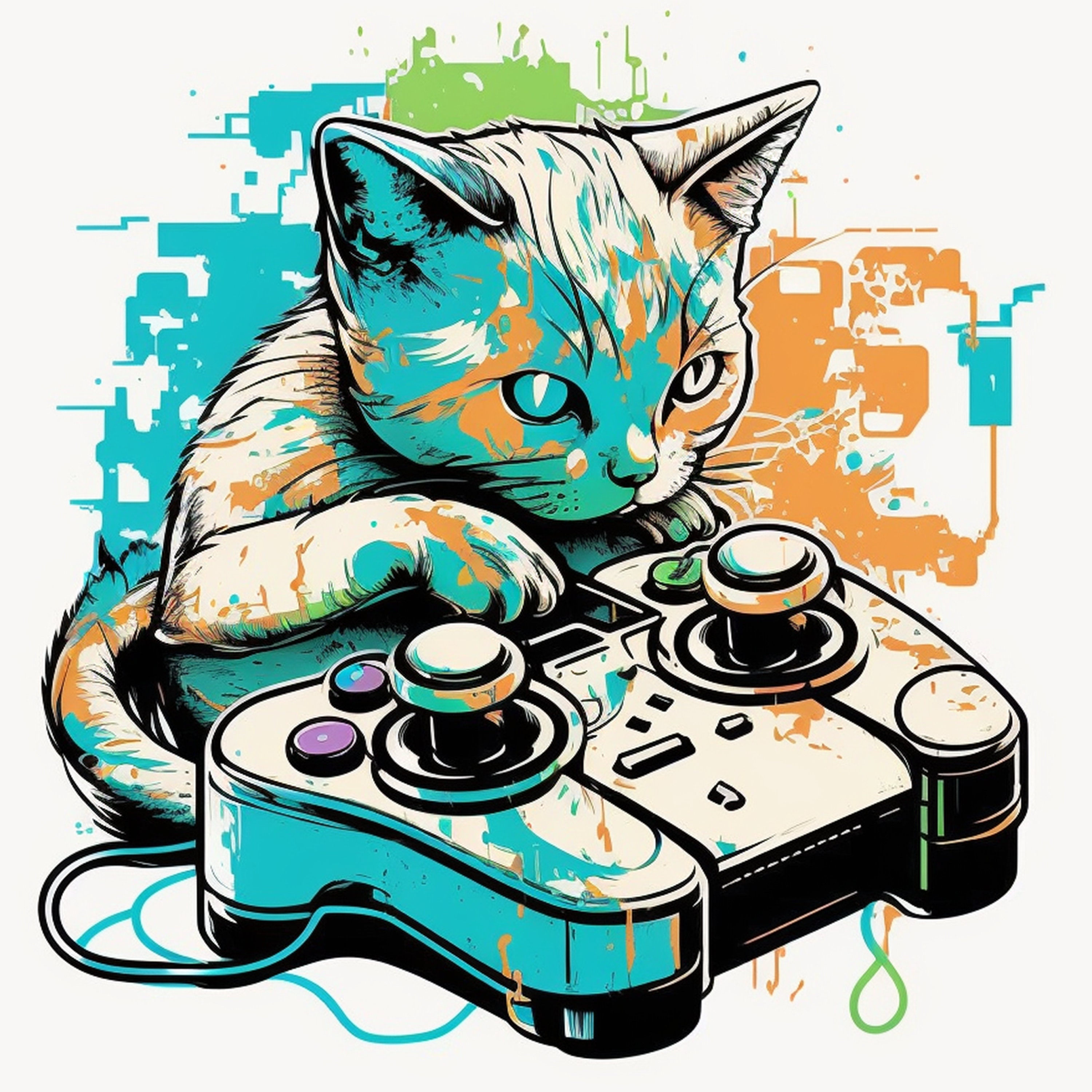 Video Game Playing Cat Art Print by Me 2 a Tee Creations