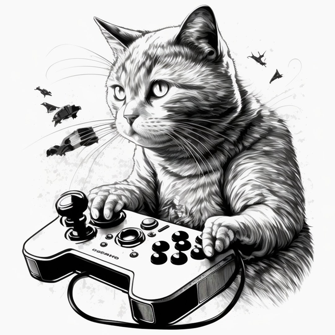 Video Game Playing Cat Art Print by Me 2 a Tee Creations