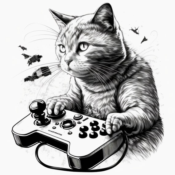 Cats Playing Video Games two PNG SVG Digital Art Instant 