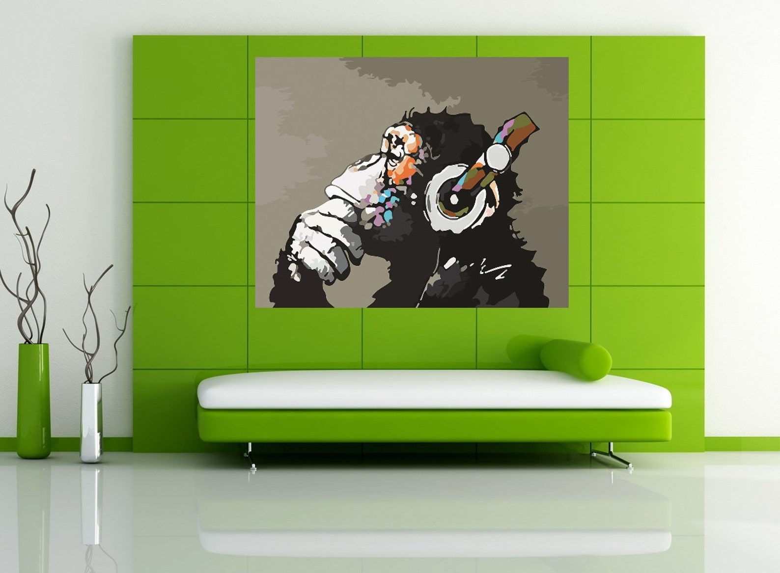 OCEANCANVASNART Banksy Style Canvas Dj Thinking Monkey Headphones ...