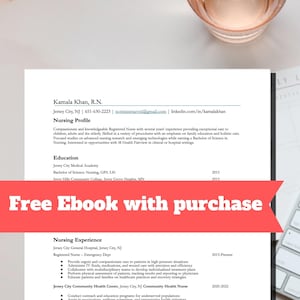 May include: A resume for Kamala Khan, R.N., with a nursing profile and experience listed. The resume includes education and a banner that reads "Free Ebook with purchase."