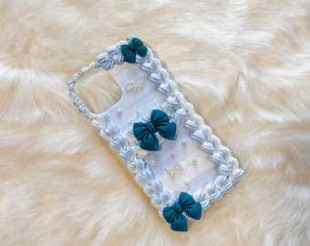 Custom Light Blue Chic Peals Butterfly Baroque Decoden Case 3D Aesthetic Creamy  Phone Case Romantic Gifts,Kawaii Iphone13 ,Samsung, Android