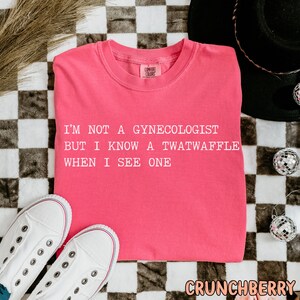 May include: Pink t-shirt with the text "I'm not a gynecologist but I know a twatwaffle when I see one" printed in white.