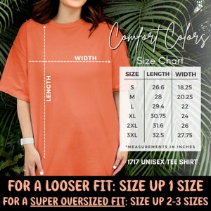 May include: Size chart for a unisex tee shirt with measurements in inches for sizes S through 3XL. The chart shows the length and width of each size. The text "For a looser fit: Size up 1 size" and "For a super oversized fit: Size up 2-3 sizes" is also included.