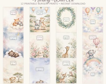 Nursery Wall Art Set of 12, Watercolor Baby Room Prints, Safari Animals Nursery Decor, Printable Boy Girl Nursery Posters, Baby Shower Gift