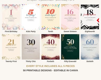 Birthday Invitation Suite, 1st 16th 18th 21st 30th 40th 50th 60th Birthday Invitations, Kids Party Invites, RSVP Cards, Welcome Sign