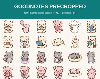 Digital Planner Stickers GoodNotes, 420+ Precropped PNG Stickers, Kawaii Animal Sticker Book, Cute Functional Stickers, Washi Headers Icons