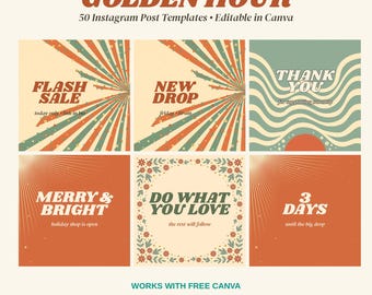 Social Media Template Pack, 50 Retro Instagram Post Templates Canva, Small Business Sale Announcement New Drop Thank You Posts, Golden Hour
