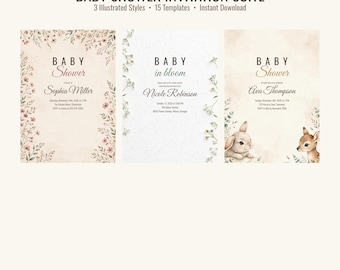 Baby Shower Invitation Suite, 3 Styles Wildflower Baby in Bloom Invites, Printable Invitations RSVP Details Thank You Sign
