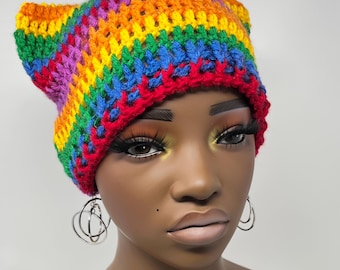 Crochet Multicolor Cat Ear Beanie - Rainbow Wish