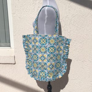 Floral Tile Ruffle Tote Bag - Handmade