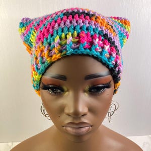 Crochet Multicolor Cat Ear Beanie - Bright Rainbow