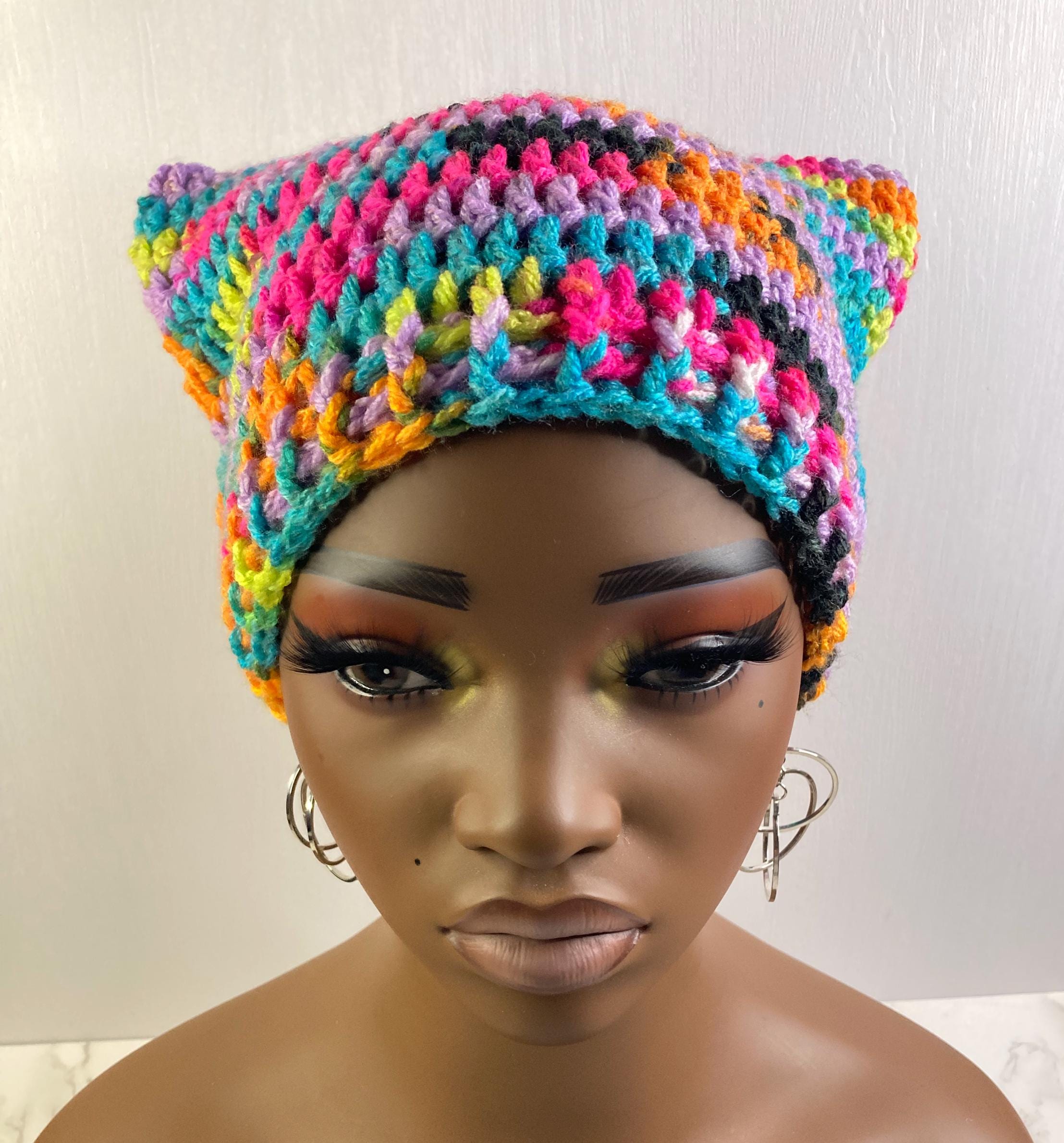Multicolor Cat Ears Beanie Square Kitty Ear Beanie - Handmade - Crocheted Cat Ear  main image 2
