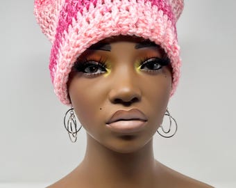 Crochet Multicolor Cat Ear Beanie - Abstract Pink Ombré