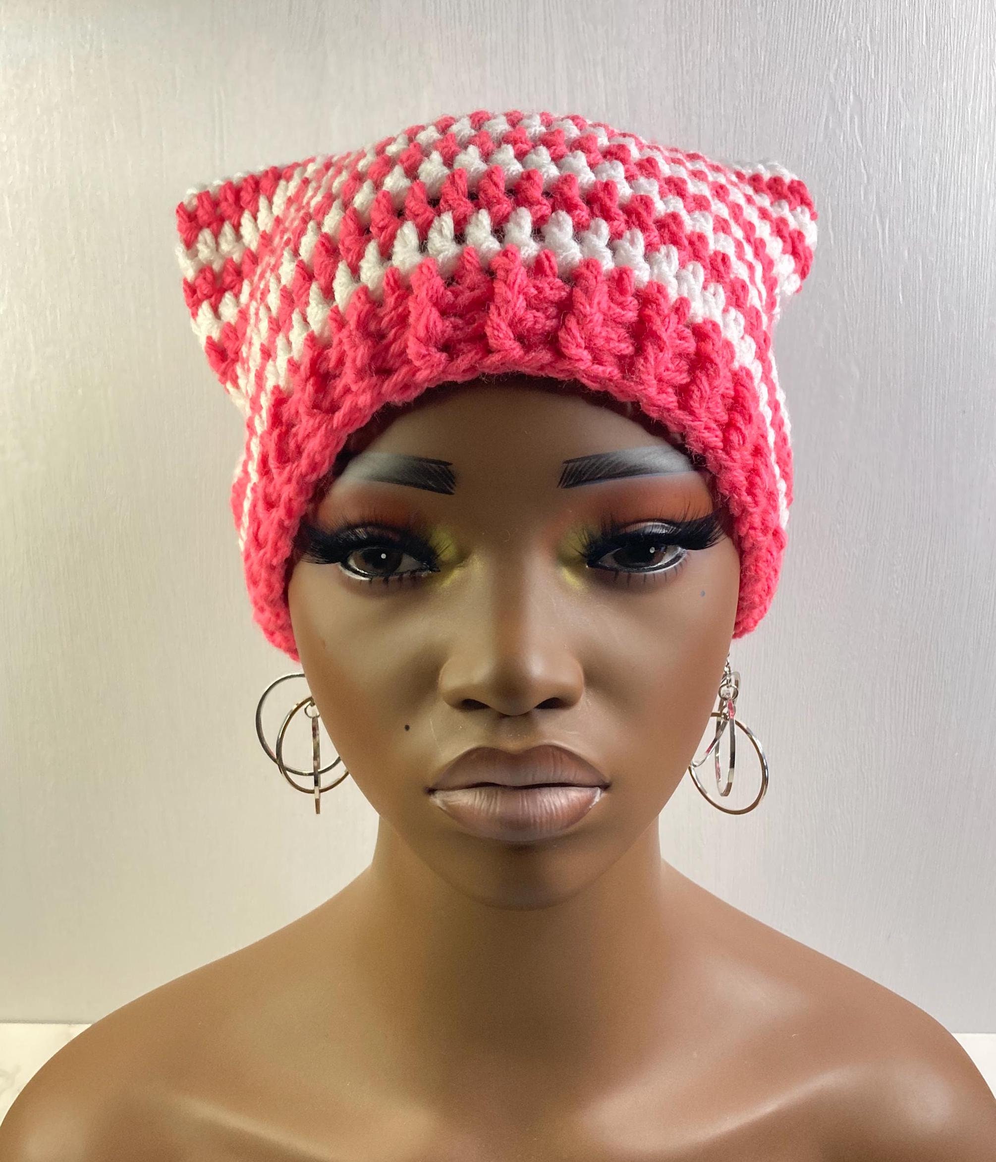 Crochet Striped Cat Ear Beanie - Pink and White - Etsy display picture 1