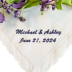 Bride and Groom Handkerchief, Embroidered Wedding Handkerchief, Custom Wedding Handkerchief with Date, Embroidered Handkerchief W609