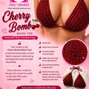 May include: A deep cherry red crochet bikini top featuring a halter neck tie design and a surface covered in shimmering red beads. The garment is displayed in a triangular shape with thin straps, showcasing a textured, beaded, and handcrafted construction.