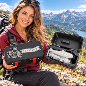 Könnte beinhalten: Ein schwarzer, rechteckiger Transportkoffer für eine DJI Mini 4 Pro Drohne mit einer weißen Grafik eines Pinguins und eines Roboters auf dem Deckel. Der Koffer hat rote Verschlüsse und ist geschlossen sowie geöffnet mit einer weißen Drohne zu sehen.