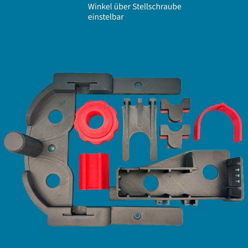 Pode incluir: Um suporte de c&acirc;mera ajust&aacute;vel de pl&aacute;stico preto com uma manivela vermelha e uma pe&ccedil;a de pl&aacute;stico vermelha. O texto "Winkel &uuml;ber Stellschraube einstellbar" &eacute; vis&iacute;vel na imagem.