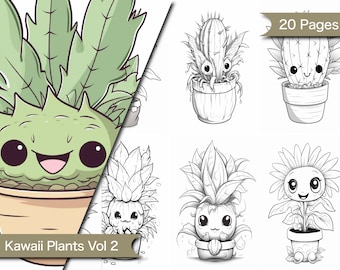 Kawaii Plant Coloring Printable Pages Featuring Fun Chibi Characters Kawaii PDF Cute Kawaii Coloring Digital Download