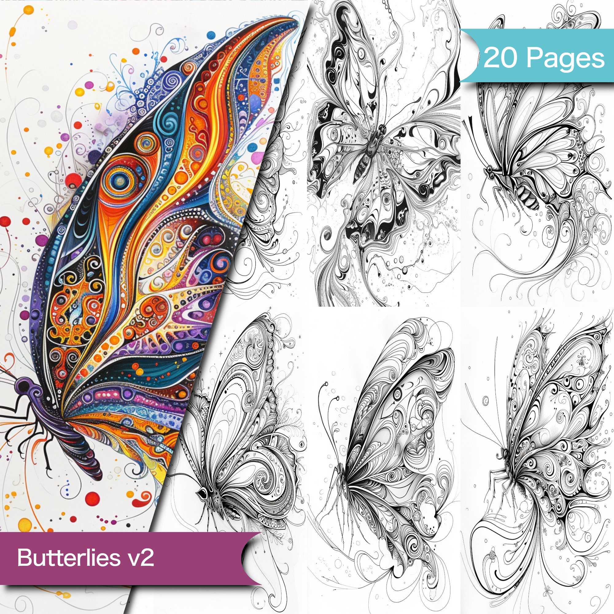 Intricate Butterfly Coloring Page for Adults &amp; Kids, Printable Relaxing ...