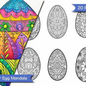 Könnte beinhalten: Ein Set mit 20 druckbaren Oster-Eier-Mandala-Malvorlagen. Die Seiten zeigen komplizierte Designs mit floralen Mustern und geometrischen Formen. Die Seiten sind perfekt für Erwachsene und Kinder, die gerne ausmalen.