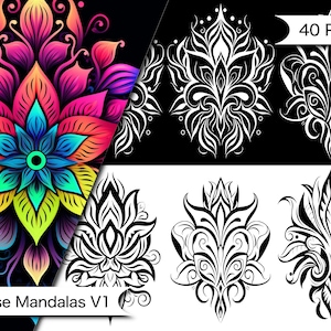 Könnte beinhalten: Ein Set mit 40 Seiten umgekehrter Mandalas mit filigranen floralen Designs in Schwarzweiß. Die Mandalas eignen sich perfekt zum Ausmalen oder als Inspiration für Kunstprojekte.