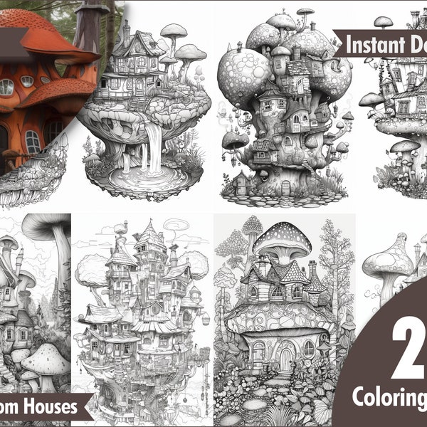 Enchanted Mushroom Coloring Book | Mushroom house | Mushroom coloring | Digital download | Coloring pages | Mushroom | Nature theme