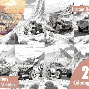Op de afbeelding: Een set van 20 kleurplaten met zwart-wit illustraties van militaire aanvalsvoertuigen in woestijnlandschappen. De titel "Vol. 1 Militaire Aanvalsvoertuigen" staat onderaan de afbeelding. De tekst "Direct Downloaden" staat bovenaan de afbeelding.